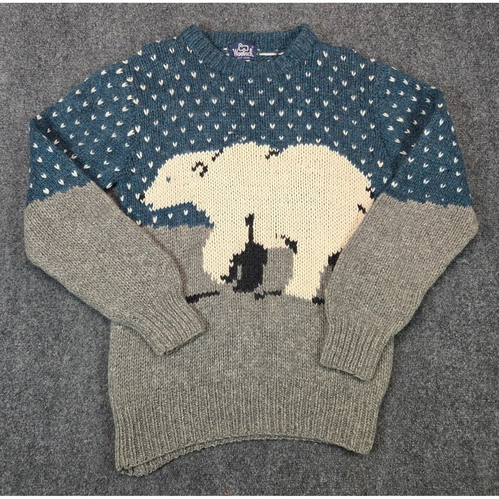 Woolrich Vintage 100% Wool Polar Bear Knit Sweater Mens Blue Grey Small